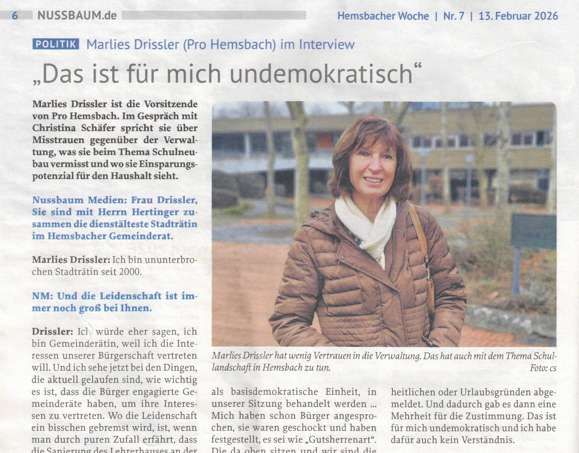 Interview der Hemsbacher Woche mit Marlies Drissler