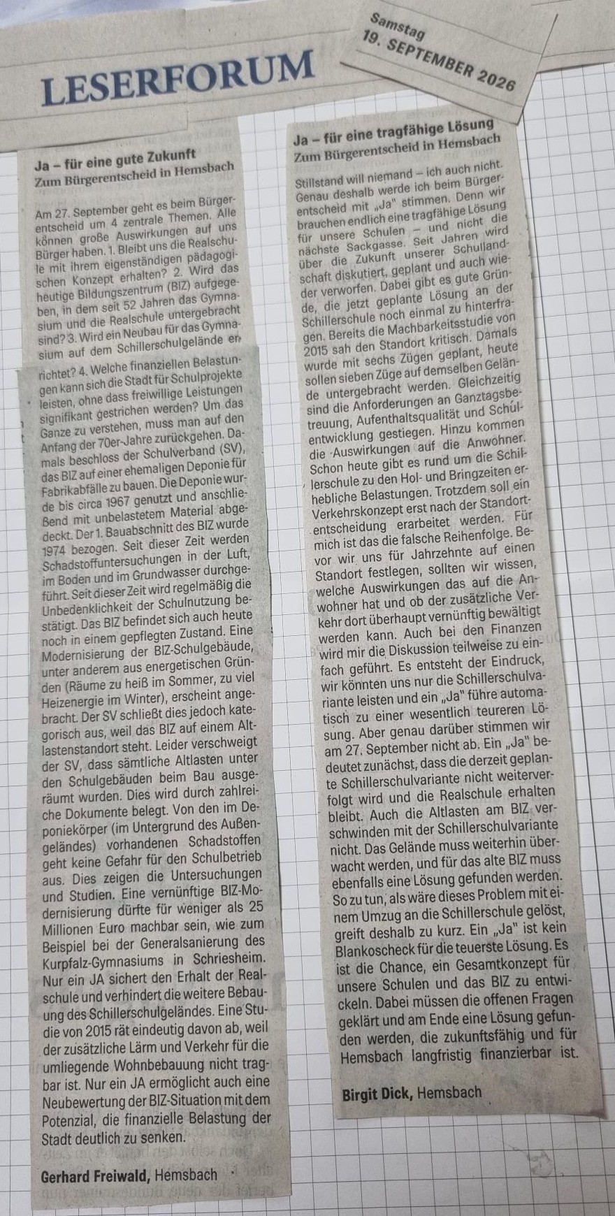 Sonntag  27.09.2026 findet der Bürgerentscheid statt. Bitte gehen Sie wählen, unterstützen Sie mit Ihrer JA-Stimme die Bildungsvielfalt in Hemsbach