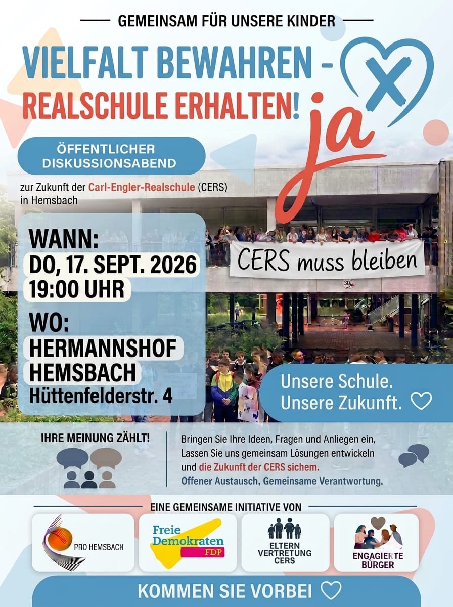 Diese Woche Donnerstag 17.09.2026,  gemeinsame Veranstaltung  mit FDP und der Elterniniative für unsere Bürgerinnen und Bürger zum Bürgerentscheid am 27.09.2026